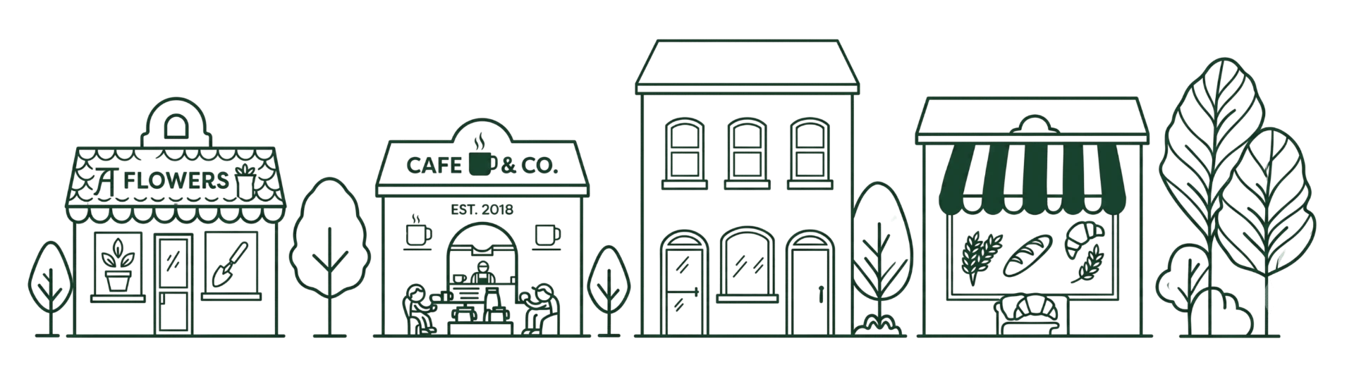 Line illustration of a row of local shopfronts