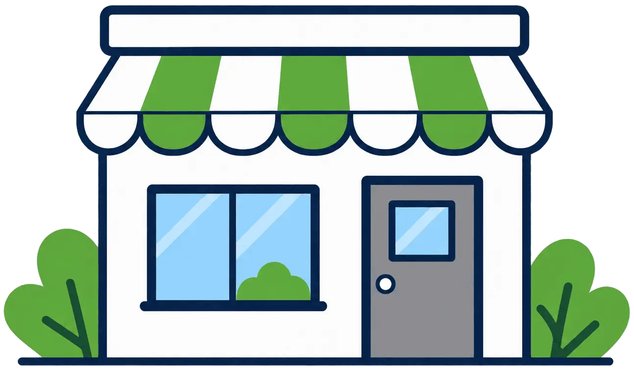 Illustration of a local shopfront with a green striped awning